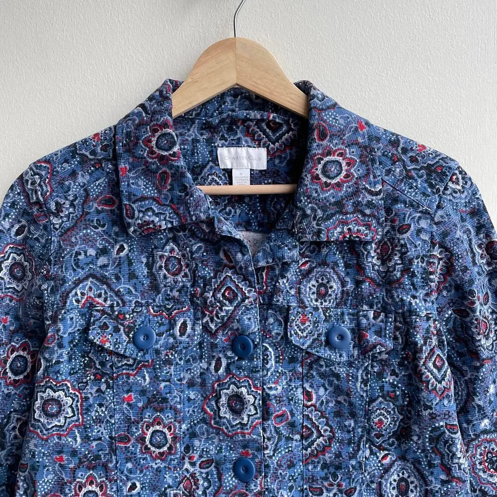 Charter Club Floral Mandala Print Cotton Jacket Blue Red Womens S Western Boho